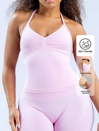 Yefecy Impact Longline Strappy Gym Top With Logo Backless Gym Clothes Women Scrunch Built-In Bra With Removable Cups Yoga Tank Tops