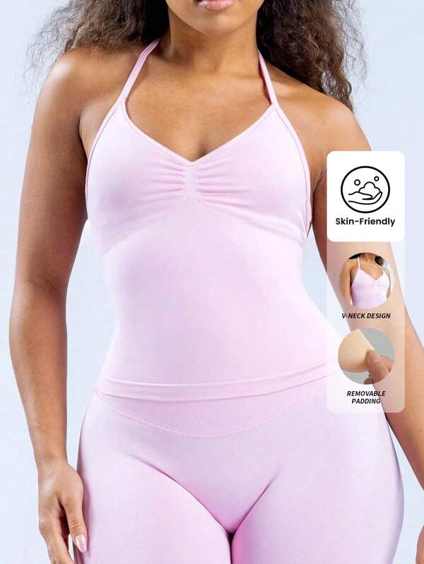 Yefecy Langärmeliges Gym-Top mit Schlaufen, Logoaufdruck, rückenfreie Damen Sportbekleidung, eingebauter Bustier-BH mit abnehmbaren Cups, Yoga Tankshirt
