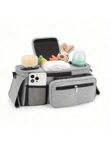 1pc Black Baby Stroller Hanging Storage Bag, Multi-Functional Diaper Caddy With Cup Holder, Detachable Phone Pouch And Shoulder Strap, Portable Design