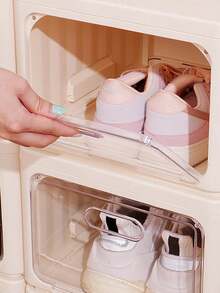 1pc New Creamy Style Large Storage Box,Plastic Flip-Top No Install Shoe Cabinet Dustproof Transparent Magnetic Foldable Shoebox - Beige - View 8