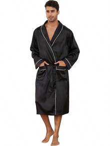 Bata de satén para hombres, ligera. Bata de baño de kimono de seda lujosa para hombres - Negro - Ver 1
