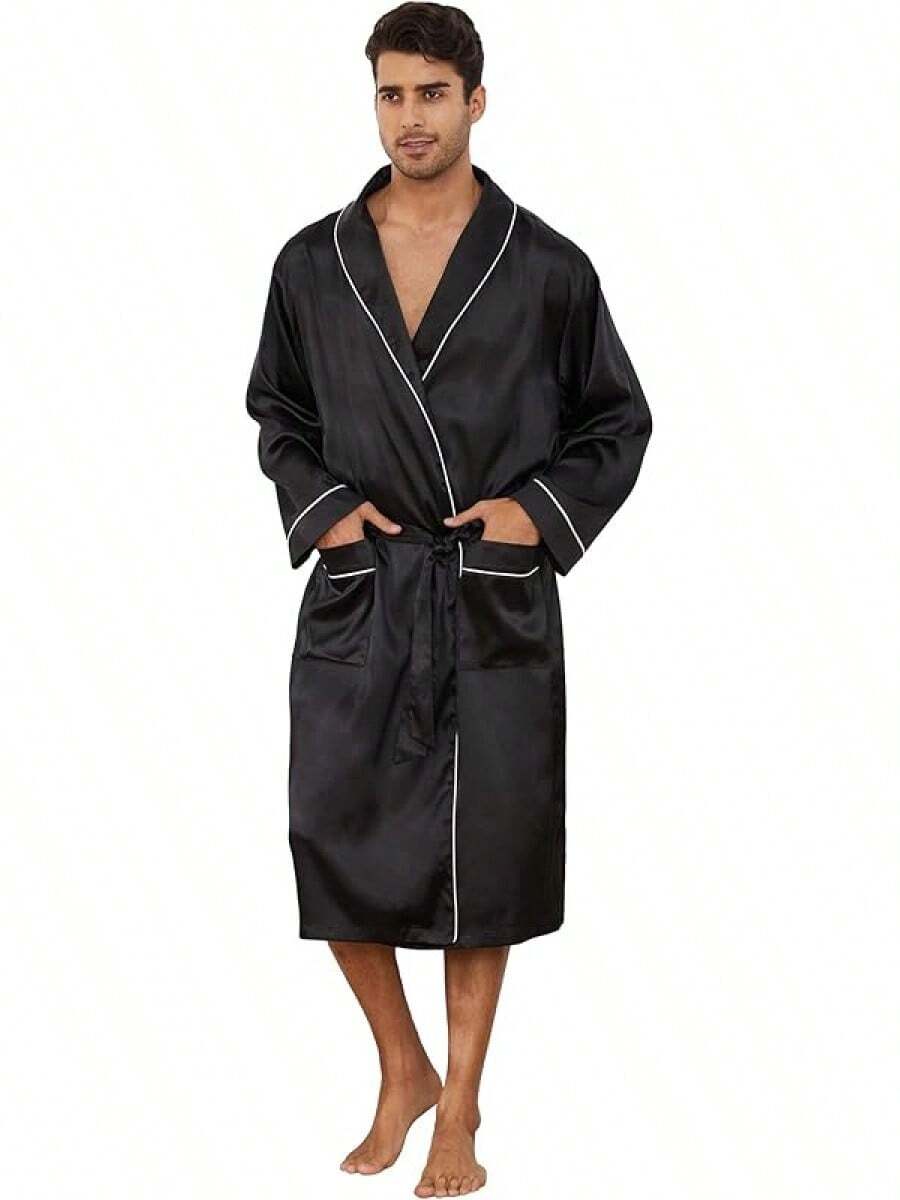Bata de satén para hombres, ligera. Bata de baño de kimono de seda lujosa para hombres - Negro - Ver 1