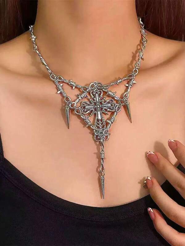 1pc Punk Necklace With Multi-Layer Metal Chain & Thorned Cross Pendant, Suitable For Festivals, Parties And Special Occasions