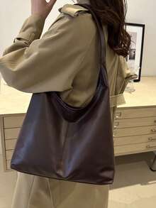 2025 Fashionable Solid Color Commuter Tote Bag, Minimalist Niche Design Underarm Bag, Stylish Large Capacity Shoulder Bag - Coffee Brown - View 10