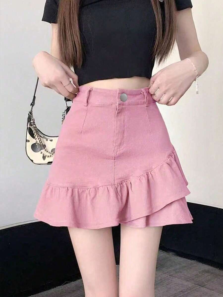 女士休闲牛仔荷叶边迷你裙 粉色 夏季 - 粉色 - 查看 1