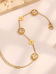 1 pieza Pulsera de trébol de cuatro hojas minimalista de lujo, diseño reversible de acero inoxidable de doble cara, no se desvanece, accesorio de joyería - Pulsera de flor de la suerte - Ver 2