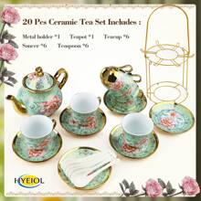 20-Piece European Floral Tea Set - 700ml Ceramic Teapot & 6x160ml Gold-Trimmed Cups With Saucers, Elegant Afternoon Tea Service For Women, Weddings & Parties - Includes Metal Holder