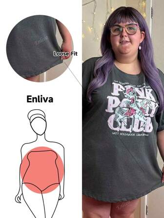 Enliva Camiseta suelta de manga corta con estampado de letra de "Midwestern Princess Concert Tour" para mujer talla grande de color rosa