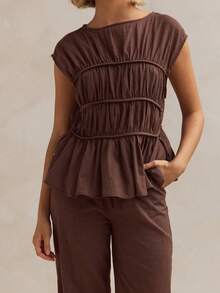 Women's Smocked Ruched Tops Cap Sleeve Round Neck Solid Color T-Shirts Summer Tops - Mocha Brown - View 4