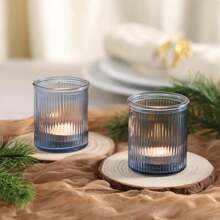 6Pcs Ribbed Blue Votive Candle Holders, Tea Light Candle Holders For Table Centerpiece, Blue Candle Holders For Wedding Decor, Home And Holiday Decor