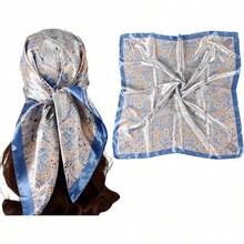 35 Inches Silk Head Scarf-Satin Hair Scarves Silk Bandana Scarf Headscarf For Women's Fashion Scarveshalloween - 大花腰果-藍色 - 查看 1