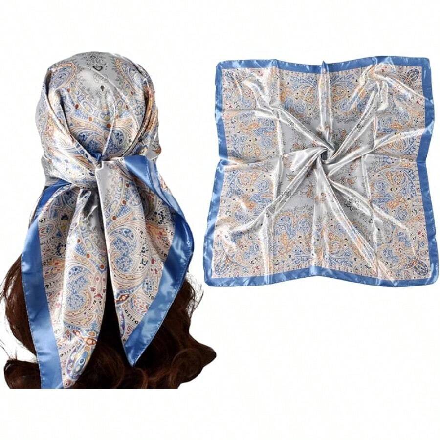35 Inches Silk Head Scarf-Satin Hair Scarves Silk Bandana Scarf Headscarf For Women's Fashion Scarveshalloween - 大花腰果-藍色 - 查看 1