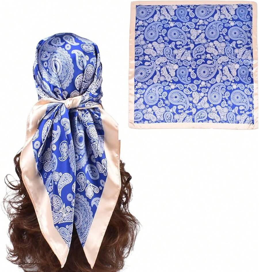 35 Inches Silk Head Scarf-Satin Hair Scarves Silk Bandana Scarf Headscarf For Women's Fashion Scarveshalloween - 中腰果 - 藍色 - 查看 1