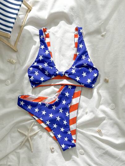 2pcs Women's Bikini Set For Beach, Bow Knot & Shell Printed Reversible Design, Wide Strap Twist Front Top And Mid-Waist Bottoms, Suitable For Swimming Pool Party And Beach Vacation, Summer