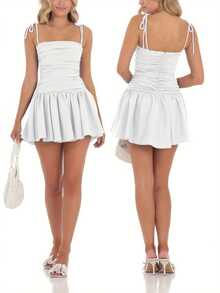 Women's Tie Strap Mini Dress Zipper Back Solid Color Sleeveless Backless Slim Ruched A-Line Dress Thankgiving - White - View 2