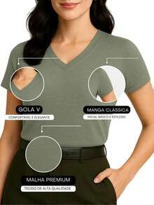 Women's Plain V-Neck Short Sleeve Basic T-Shirt Blouse Premium Mesh - 橄欖綠 - 查看 3