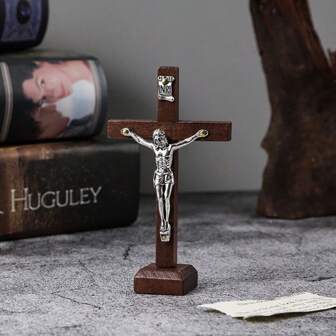 1pc Handmade Wooden Cross Base Decor, Natural Wood Tone Ornament, Suitable For Living Room And Home