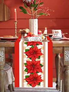 1 buc. Traversă de masă de Crăciun fericit cu modele mari de Poinsettia roșii, 35*180cm, husă de masă de Crăciun din poliester, decorațiuni de Crăciun pentru casă 2025, decor pentru masă de bucătărie, decorațiuni festive pentru masă, temă de iarnă, decor pentru petrecere de Crăciun, Anul Nou fericit 2026