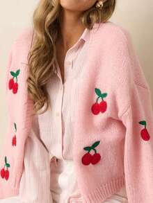 1pc Women Button Decor Knit Cardigan Sweater - Pink - View 1