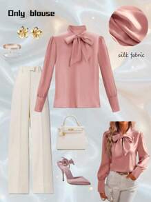 Women's Solid Color Lantern Sleeve Tie Collar Elegant Blouse, Spring & Summer