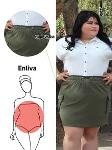 Enliva Plus Paperbag 腰部翻盖口袋侧边工装裙 - 軍綠色 - 查看 1