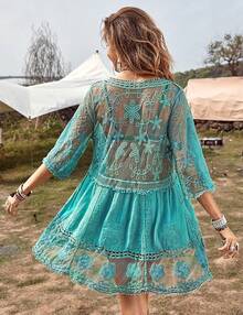 Women's Contrast Lace Loose Swimsuit Cover Up Beach Dress - Swimwear 2025 IBGX - Blue - View 5