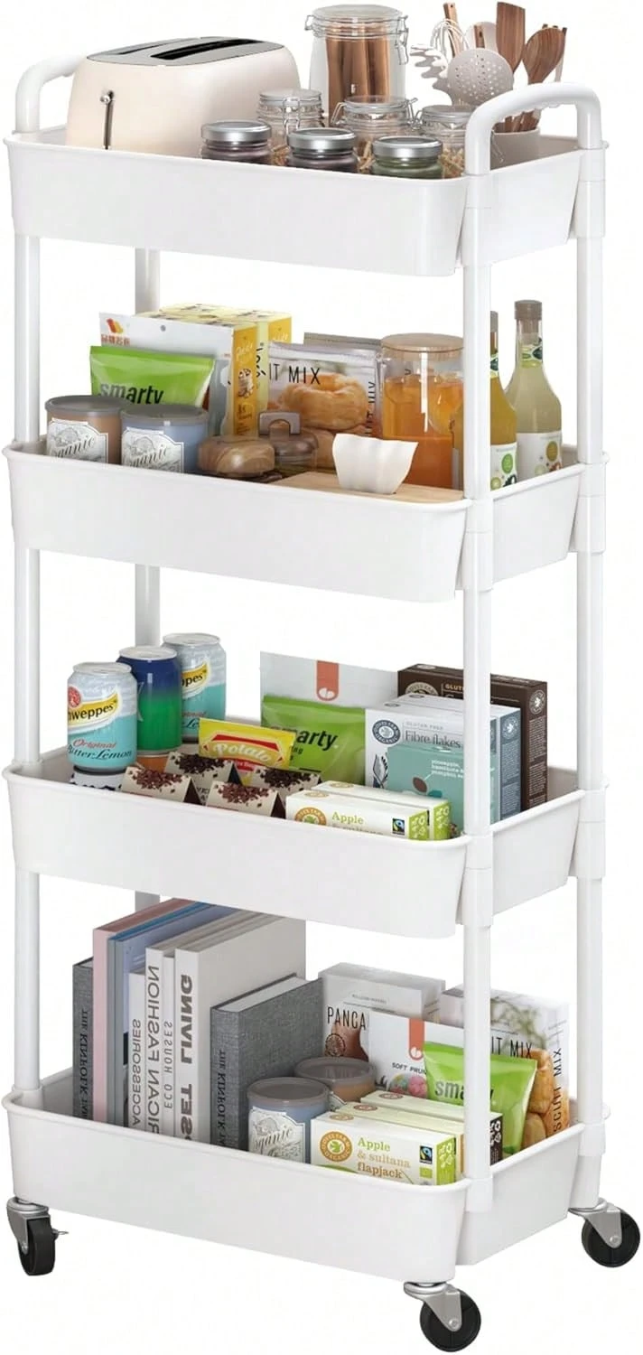 4-Tier Plastic Rolling Utility Cart With Handle, Multi-Functional Storage Trolley For Office, Living Room, Kitchen, Movable Storage Organizer With Wheels, White - trắng - Xem 1