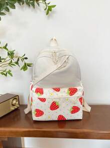 1 Pc New Style Girls' Strawberry Print Fabric Backpack With Adjustable Straps, Zipper Closure, Multifunctional Foldable Design, Perfect For Travel, School, Outdoor Activities, And Holiday Gifts