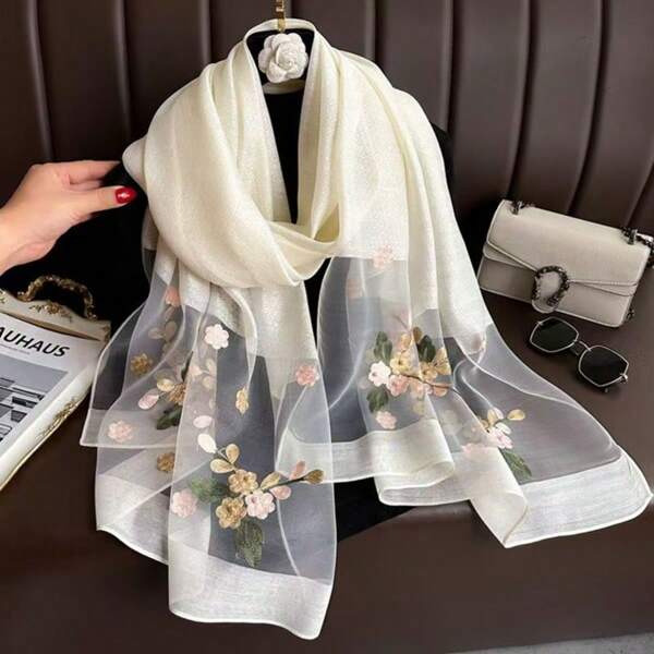 1pc Women's Floral Embroidery 27.6" X 70.9" Fashion Breathable Elegant Versatile Scarf, Solid Color Casual Polyester Fiber Shawl, All Season