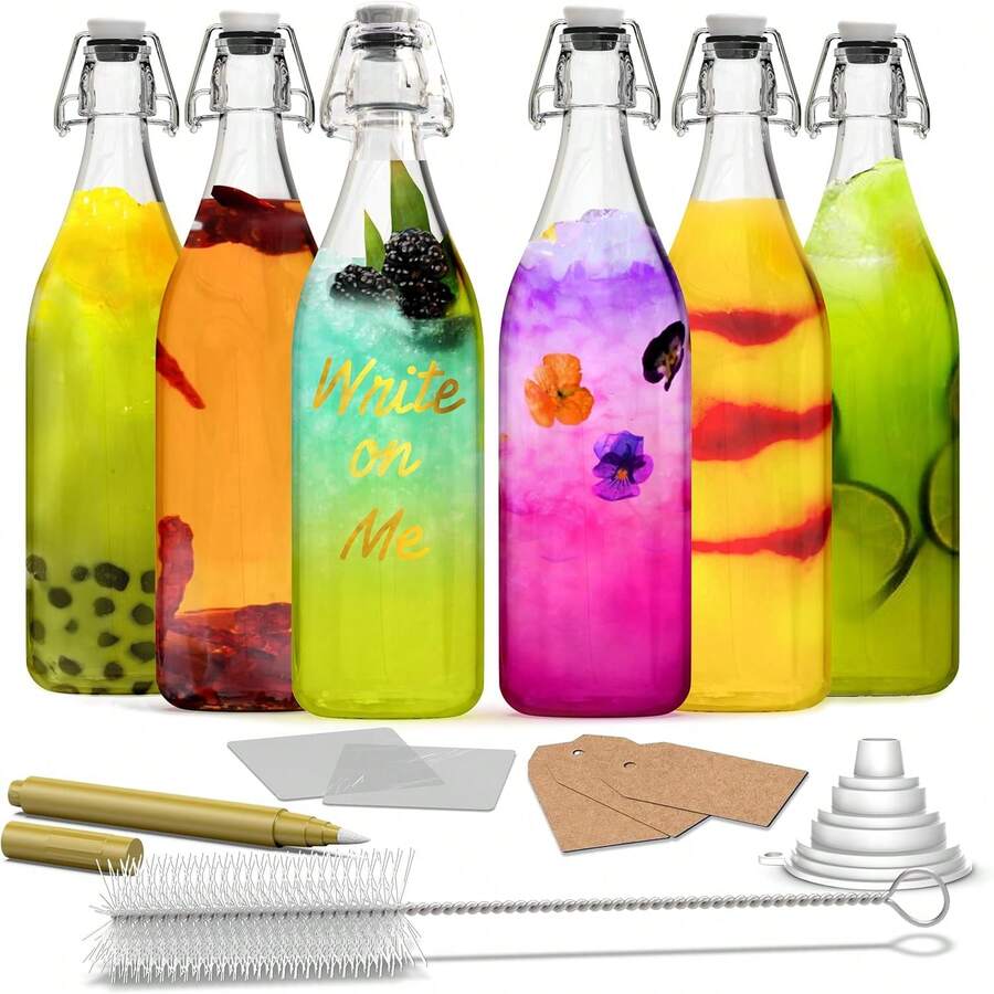 33 Oz / 1 Liter Flip Top Glass Bottle 6 Pack | Round Swing Top Glass Bottles With Lids, Shrink Wrap, Paper Tags + Strings, Funnel, Brush & Marker | For Use As Large Kombucha Jar & Kefir Jar