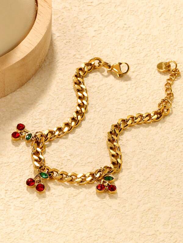 1 peça de acessórios de moda de verão em cereja com pulseira de zircônia em aço inoxidável para presentes de Natal femininos, joias à prova d'água para uso diário