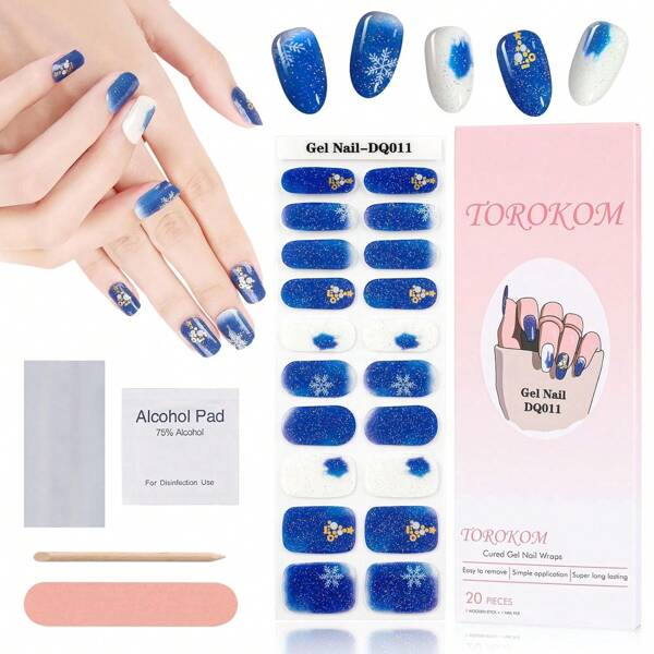 Semi-Cured Gel Nail Stickers, 20 Pcs Full Cover Snowflake Nail Gel Strips, Brighter Adhesive Real Gel Nail Polish Sticker