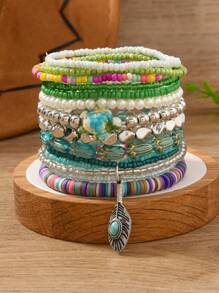 11 Peças/Conjunto Pulseira Elástica Multicamadas de Mulher com Contas, Pulseira Elegante e da Moda para Uso Diário