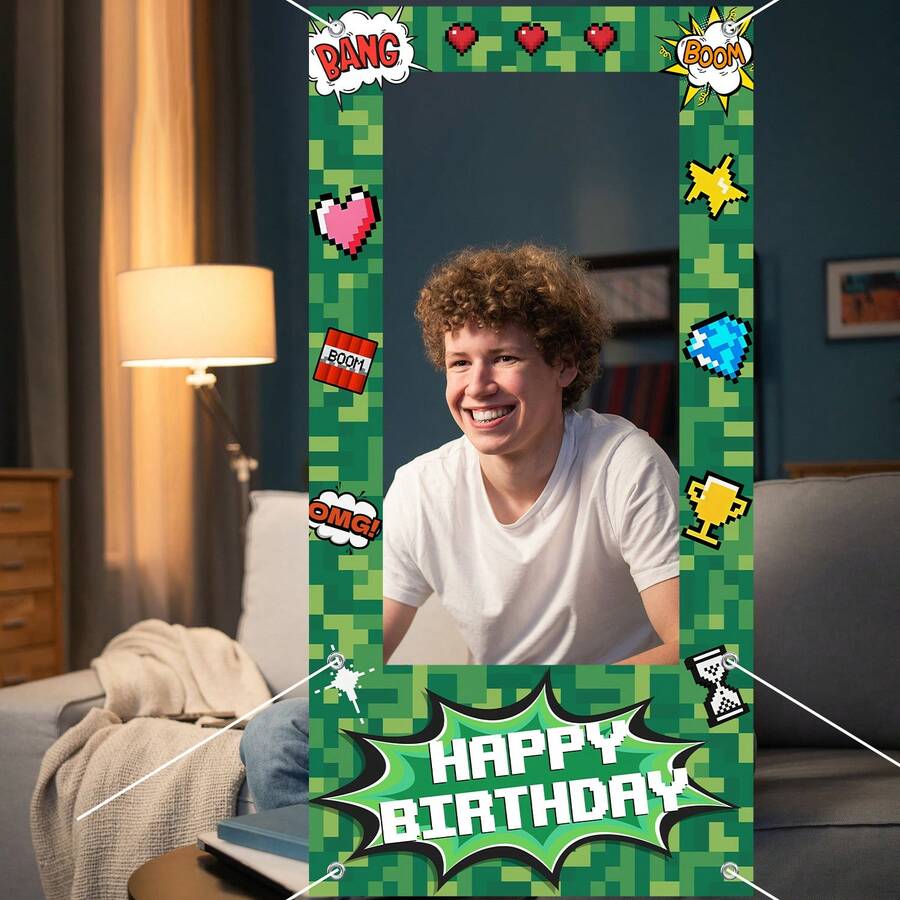 1Pc-Polyester- Pixel Party Green Decorations For Birthday Celebrations, Photo Booths, And Wall Decorations, No Power Needed, Photo Booth Background | Pixelated Design |Pixel Party Decorations - Multicolor - View 1