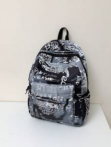 1件学生书包旅行包背包校园包，轻巧便携拉链开合，学院风大容量涂鸦图案设计，适合大学生、朋友、情侣、男女朋友、同学等，返校理想之选 - 黑色 - 查看 6