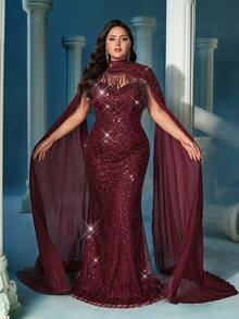 LUVISTRUE Plus Size Sequin Embellished Stand Collar Formal Dress Gown, Suitable For Formal Dinner (Highly Decorative) Wedding Spring - Burgundy - View 4