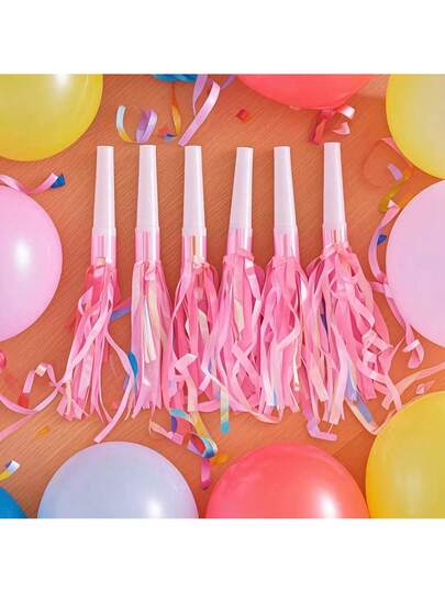 6 件套生日派对吹龙配流苏哨子、生日派对喇叭、全息流苏派对发声器 - 多色哨子，适合生日和活动庆祝活动，塑料彩虹发声器适用，派对装饰的最佳选择