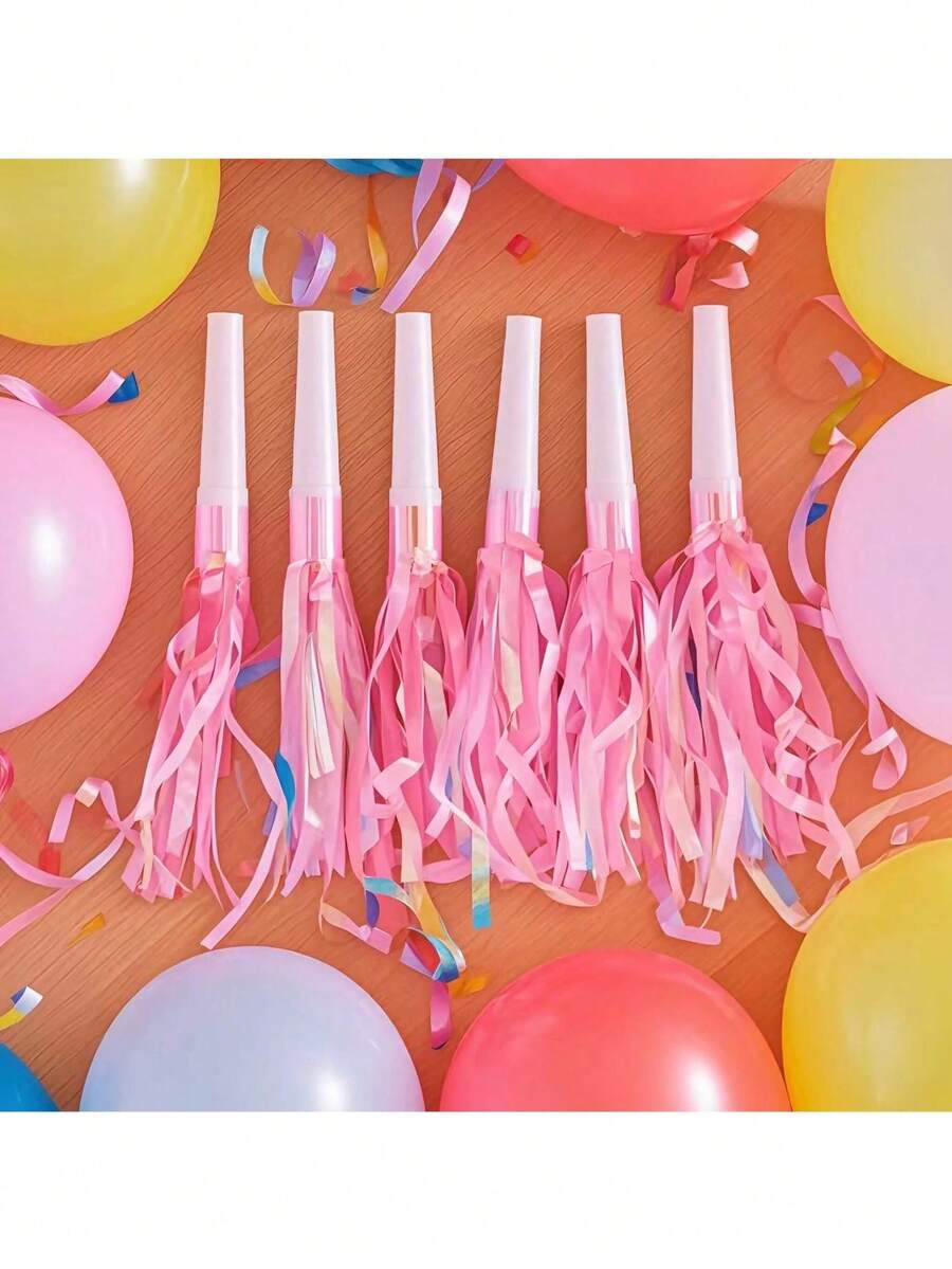 6 件套生日派对吹龙配流苏哨子、生日派对喇叭、全息流苏派对发声器 - 多色哨子，适合生日和活动庆祝活动，塑料彩虹发声器适用，派对装饰的最佳选择