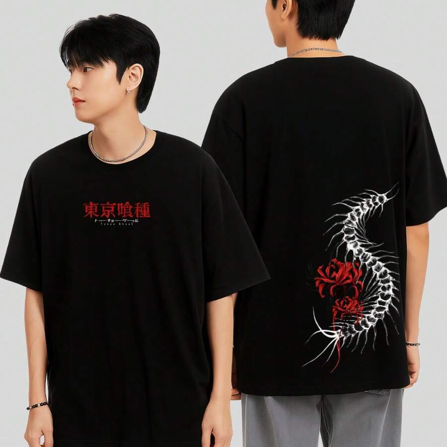 Oversized Cotton T-Shirt Printed Anime Cartoon Flower Japanese Unisex Loose Shirt Streetwear - màu đen - Xem 1