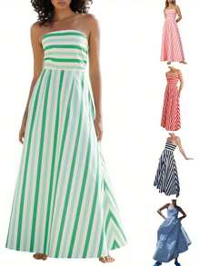 Women Strapless Tube Dress Summer Striped Print A-Line Party Dress For Cocktail Beach Streetwear Aesthetic Clothes