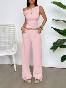 GAOVOT Ensemble deux pièces d'été pour femmes Y2K, sexy, élégant et décontracté. Top en tricot texturé jaune beurre avec épaules dénudées et pantalon droit large et ample