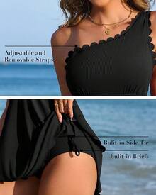 Ribbed One Shoulder Swim Dress With Tummy Control For Women - 黑色 - 查看 8