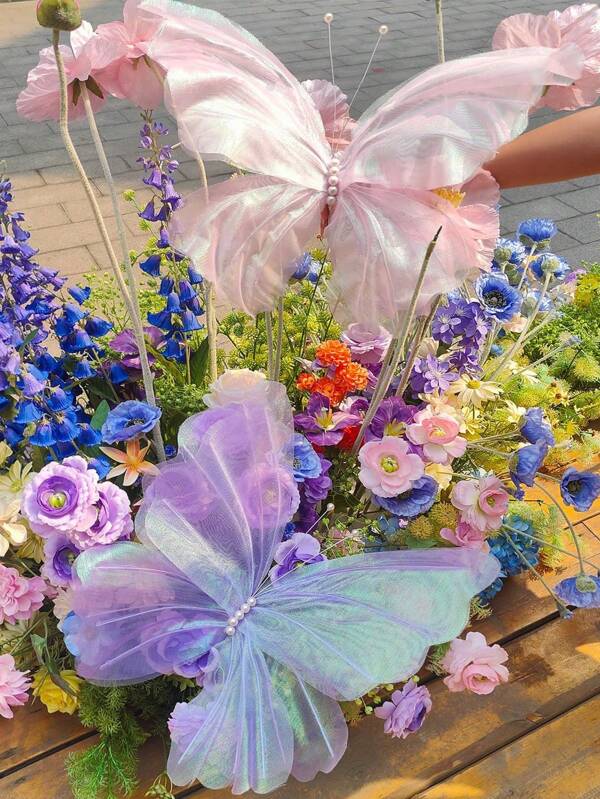 1/3/5pcs Silk Yarn Artificial Butterfly For Wedding Decoration,Giant Gauze Fake Butterfly Store Window Display,Outdoor Garden Decoration,Birthday Theme Party Decoration,Home Decor,Wreath Decoration,Large Flower Decoration,Centerpiece,Mother's Day,Gift