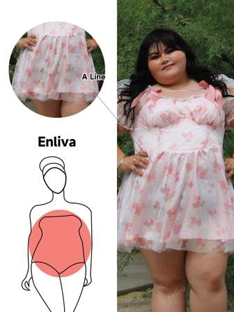 Enliva Vestido de fiesta de manga corta con estampado de flores rosadas en malla de talla grande, con look romántico de moño, adecuado para verano, vestido de playa, vestido bohemio para vacaciones