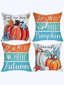 4 件套 Hello Fall 南瓜条纹图案枕套，涤纶装饰拉链单面印花靠垫套，适合派对、沙发、床、农舍、露台的丰收家居装饰