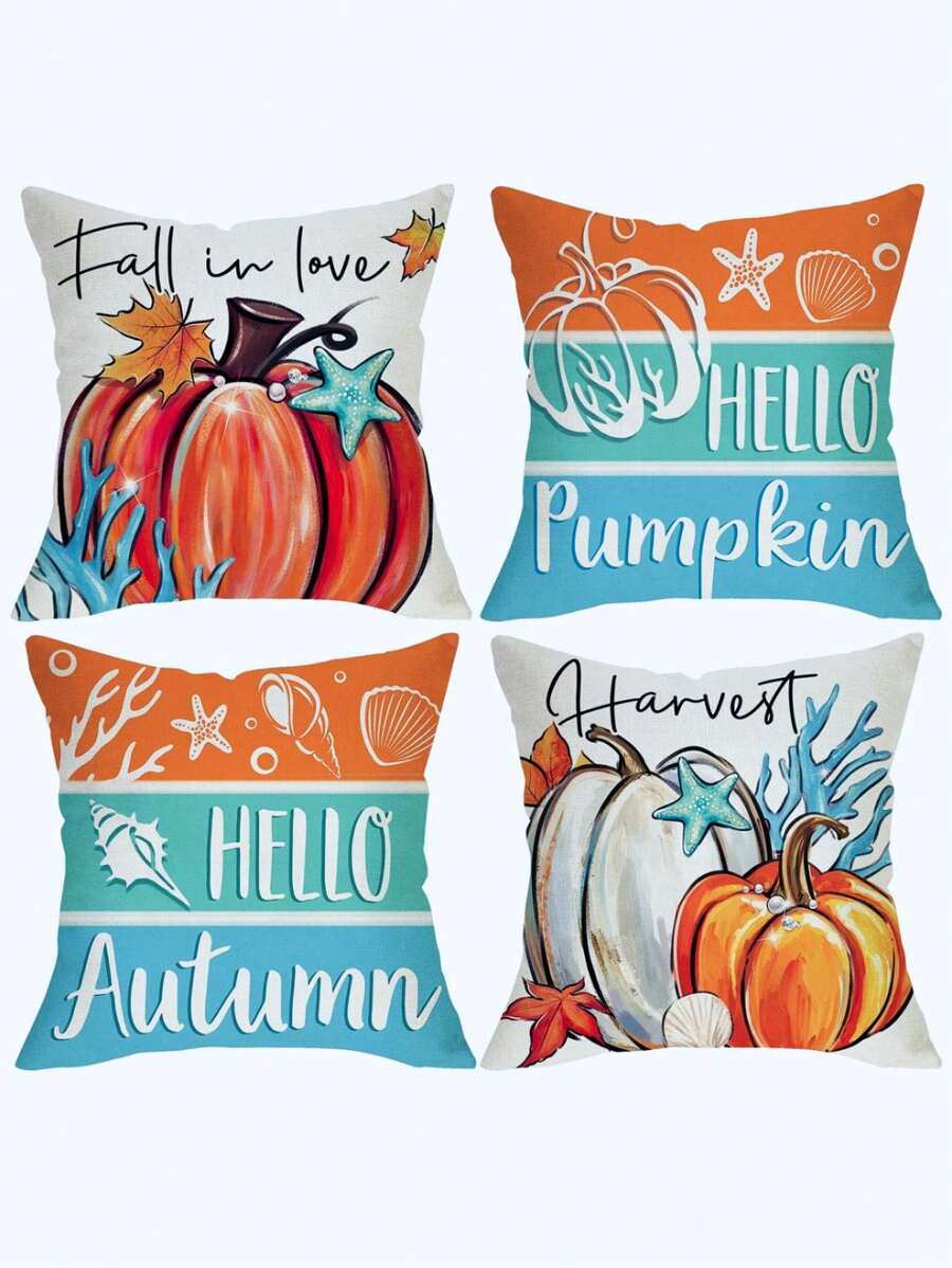 4 件套 Hello Fall 南瓜条纹图案枕套，涤纶装饰拉链单面印花靠垫套，适合派对、沙发、床、农舍、露台的丰收家居装饰