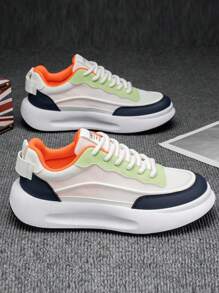 Men's Sneakers 2025 Summer New Breathable Mesh Shoes, PU Leather & Mesh Patchwork Thick Sole Shock Absorbing Chunky Sneakers, Classic Style Casual Outdoor Running Sneakers For Youths, Street Fashion Wear, Parties, Holidays, Slip Resistant Odor Resistant Comfortable Shoes For Spring, Summer And Autumn