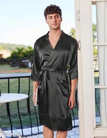 Mens Satin Robe Lightweight Silky Kimono Bathrobe 3/4 Sleeve Spa Knee Length Loungewear With Pockets S-3XLhalloween - Black - View 10