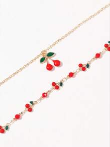2 Pieces Girls Sweet Cherry Anklet Color Drip Oil Summer Fruit Beach Style Double Layer Anklet Set