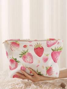1 件便携式草莓图案双面印花拉链化妆包，多功能旅行洗漱用品收纳袋